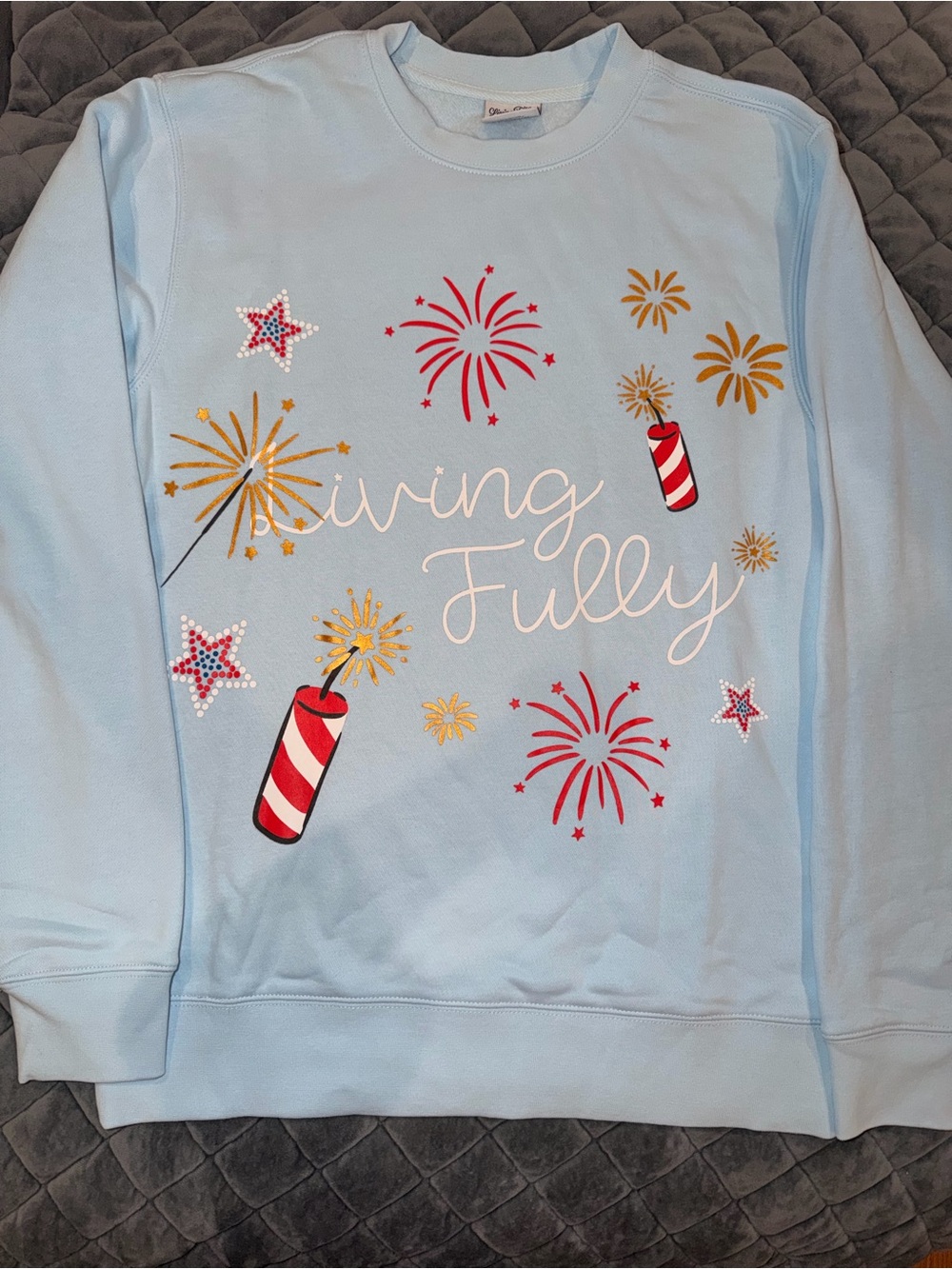 Light Blue 'Living Fully' Fireworks Graphic Sweatshirt